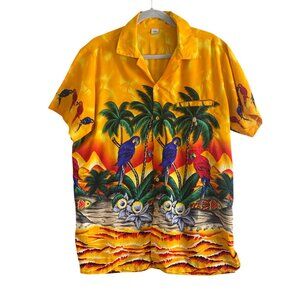 Hawaiian Shirt Macaw Parrot  Palm Trees Surfboards Floral Jungle button Shirt